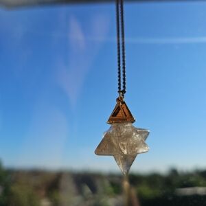 Smoky Quartz 18mm Merkaba"32”premium flat-link antique brass&silver plated Chain